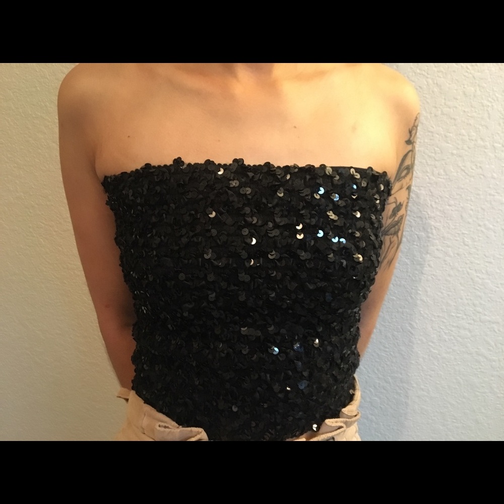 Black Sequin Strapless Crop Top